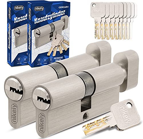 GERCAR Pro Gleichschließend 2 Knaufzylinder 35/35 Set 2x Schließzylinder mit Knauf inkl. 10 Schlüssel - 70 mm Türschloss Zylinderschloss 2er Zylinder - Länge: 70mm, A:35 B:35 - Messing matt massiv