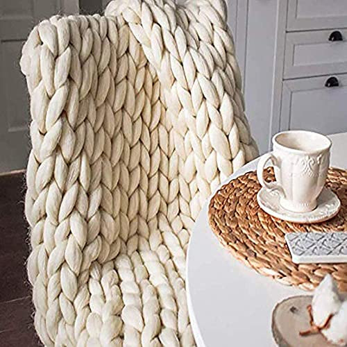 Jankr Grobstrick Decke Grobe Strickdecke Handgefertigt Riese Merino Wolle Garn Arm Stricken werfen Sofa Uberwurfdecke Decke Zuhause Deko Geschenk Ivory White 100x100cm