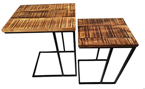 Mango Holz Couch-Tisch braun schwarz 2er Set 54 und 60cm Natur Beistelltisch Deko Nachttisch