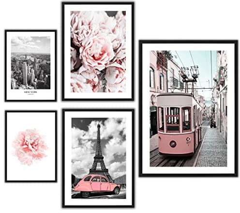 ag.art deco Premium Tavlor för Vardagsrum | Set om 5 Väggtryck | Posters för Hall och Trappa | Heminredning & Konst | Oinramade Affischer (Pastellrosa-Grå)