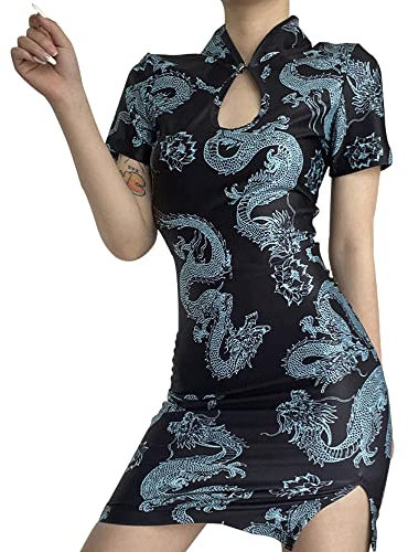 Cheongsam cinese camicia a maniche corte abito da ballo sexy da donna tradizionale fessura laterale palazzo slim fit drago Halter collo aderente costume di Halloween (as8, alfa, m, regolare, blu, M)