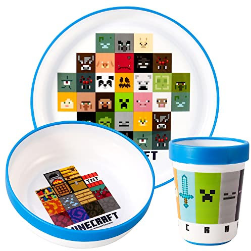 Minecraft Lot de 3 couverts réutilisables Bicolore pour enfants Assiette, bol et gobelet, sans BPA