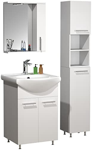 VCM 4-pièces lavabo lavabo Meubles de Salle de Bains Ensemble lavabo Armoire de Toilette Armoire Haute Portes battantes Lisalo M Blanc