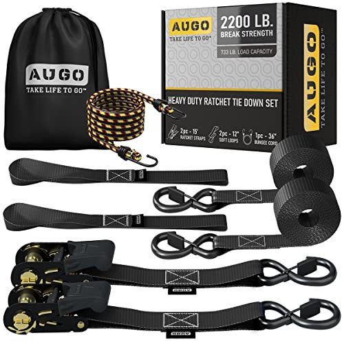 AUGO Ratchet Tie Down Straps –2PK– 4.5M – 1000KG Break Strength – Safety Lock S Hooks –for Moving Cargo, Appliances, Lawn Equipment, Motorcycle – Includes 1 Bungee Cord, 2 Soft Loops, Storage Bag