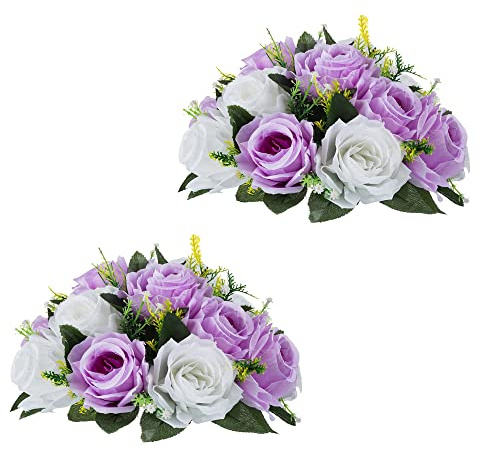 Inweder Centrotavola floreale per tavoli da matrimonio, decorazione per matrimoni, colore lilla e bianco, con fiori, centrotavola per feste di fidanzamento, celebrazioni, feste, 2 pezzi
