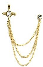 Knighthood Broche en forme de croix en pierre blanche avec chaîne à pampilles suspendues, clous de costume, clous de chemise, accessoires pour homme et femme, Laiton Zinc, Pas de gemme