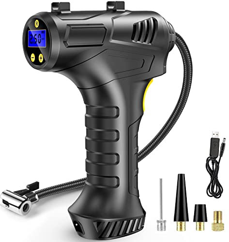 Skeufy Cordless Tyre Inflator Air Compressor, 12V USB Rechargeable Battery Portable Handheld Electric Digital Tyre Pump with LED Light and 3 Nozzle Adaptors for Car Motorcycle Bicycle