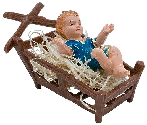 Baby Jesus statyett i en krubba med sugrör | julfödelsesten | kristen högtidsdekoration | Lägg till i Creche eller Stall | Handmålad religiös heminredning | Tillverkad i Italien (blå)