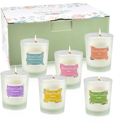 Kerze Geschenkset 6er Sojawachskerze 55g Scented Canfles,Duftkerzen Geschenkset im Glas,Scented Candles Floral Fruit,Duftkerzen Blumen Kerzen Geschenke für Frauen Verschiedenen Düften 10-14 Std
