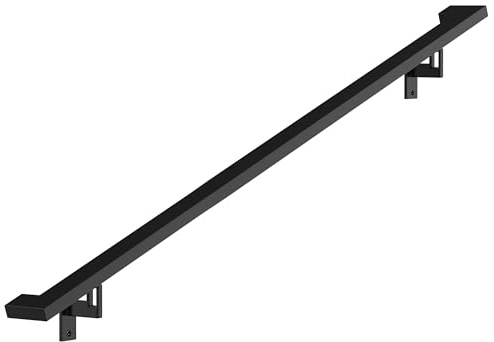 Modern Aluminum Handrail Complete DIY Kit – Matte Black with Adjustable Wall Mount Brackets Included (4' Length)