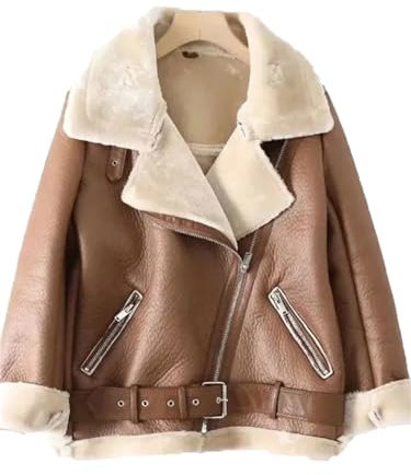 2023 Winter Frauen Dicke Faux Leder Pelz Schaffell Mantel Pelz Leder Reißverschluss Jacke, khaki, 42