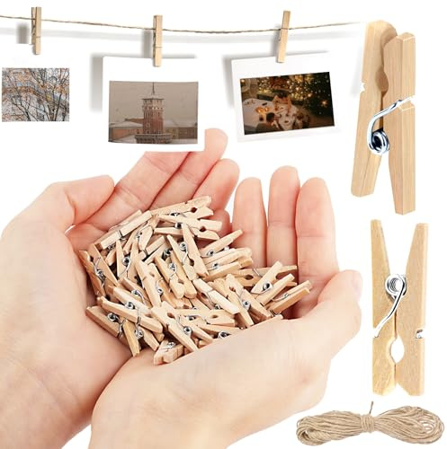 MXTIMWAN Mini Holzklammern, 200 Stück Holzklammern Klein, Natur Deko Klammern, Mini Wäscheklammern Holz, DIY holzklammern klein, für Fotos aufhängen, Postkarten, dekorative Fotowand