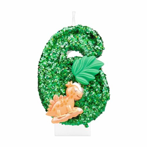 i-QiQi Dinosaurier Zahl 6 Geburtstagskerze Dinosaurier Glitzer 6 Geburtstag Zahlenkerze Glitzer 3D Design Kuchen Topper Dekoration Happy Birthday Kuchen Kerzen für Grün Tier Thema