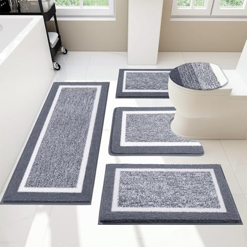 Pauwer Badezimmerteppich-Set – 5-teiliges Set mit Deckelbezug, U-förmige Kontur-WC-Matte, saugfähige Mikrofaser-Plüsch-Badematten, rutschfest, maschinenwaschbar