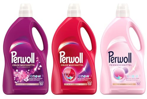 PERWOLL Flüssig-Set 3x 52 Waschladungen (156WL) 1x Color & 1x Color Blütenrausch & 1x Für Wolle & Feines, Feinwaschmittel-Set reinigt sanft, mit Dreifach-Renew-Technologie