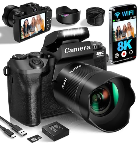 8K Digital Cameras for Photography, 64MP Vlogging Camera for YouTube with 4 Touch Screen, Dual Front/Rear Cameras with LED Fill Light, 3000MAh Battery, Lens Hood, Hot Shoe & 32GB TF Card(Black