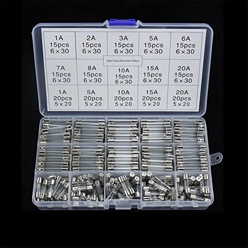 AFTBFTPW Sicherung 5 x 20 mm, schnell geblasene Glasrohrsicherungen, sortierte Sets, schnell geblasene Glassicherungen Glas 82 Stück/100 Stück/250 Stück 1A-20A (Color : 250pcs Box)