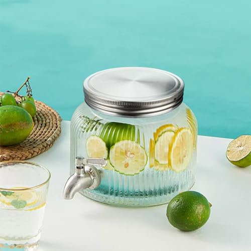 Lomejii 2.8 Litre Glass Drink Dispenser for Fridge with Tap, Stainless Steel Spigot and Lid,Beverage Dispenser for Juice, Ice Sun Tea, Water Container Jar, Small Mini Cold Coffee Drink, Clear, Round