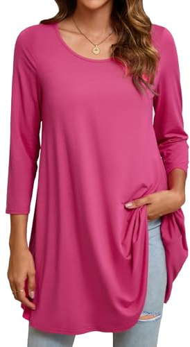 Enmain Magliette Donna Maniche Lunghe Tunica Manica 3/4 Bluse Elegante Colore Solido Casual Maglietta Lunga Collo Rotondo T-Shirt Rosa L