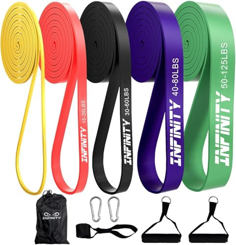 INFINITY Motståndsband, träningsband, 5 nivåer motståndsband set män/kvinnor, set med dragband, ankare, handtag, väska och träningsinstruktion, träningsband för muskeltoning, yoga, fitness