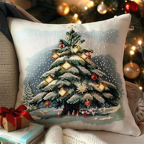 Lfynior Stickset für Kreuzstichkissen Weihnachten Stickkissen zum Selbersticken 45X45cm Stickpackung Stickset Kreuzstich Kissen zum Basteln Stickkissen Stickpackung mit Vorgedruckt Kreuzstichmotiv