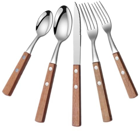 COSMEVIVI Edelstahl Besteckset Mit Holzgriffen 5 Stück Servierutensilien Für Buffet Und Restaurant Langlebige Gabeln Löffel Und Messer Aus Edelstahl