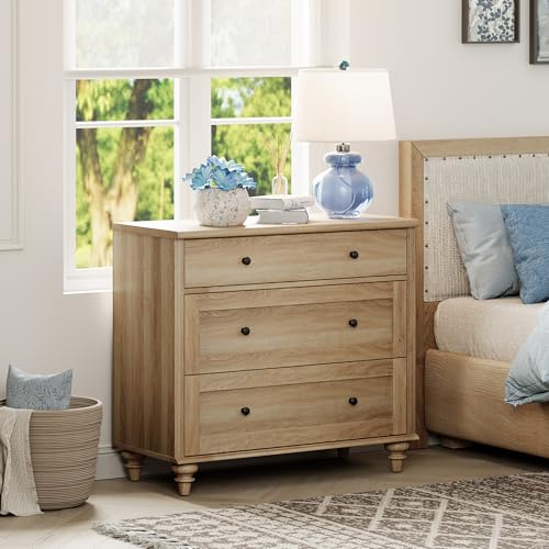 WAMPAT Farmhouse Nightstand with 3 Drawers, Large Wood Bedside Table Night Stand, Wide Sofa Side End Table 3 Drawers Chest of Dresser for Living Room, Bedroom, Oak, 34 inch