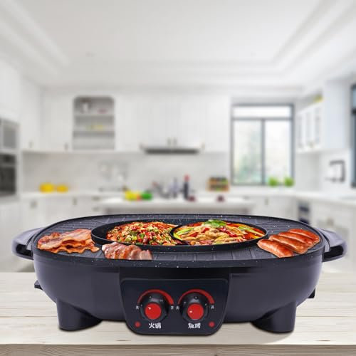 Olla caliente y parrilla, olla caliente eléctrica, 2000 W, 2-en-1 olla caliente eléctrica con control de temperatura independiente, barbacoa barbacoa, fondue, raclette para 5-6