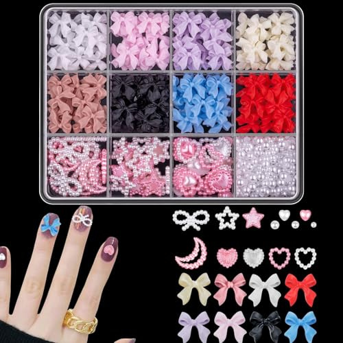 Canollo Nail Art Charms, Niedlich Schleife Charms Nägel, Dreidimensionales Bogen Nagel Deko, 3D Schleife Nail Gems mit weißen Halbperlen für Frauen und Mädchen Nagel-DIY-Zubehör