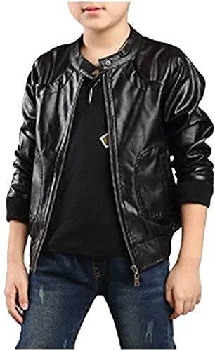 Lederjacke Kinder Junge Softshelljacke mit Reißverschluss Übergangsjacke Langarm Motorrad Jacke Warme Weiche Mantel Einfarbige Mode Stehkragen Wasserdicht Jacken