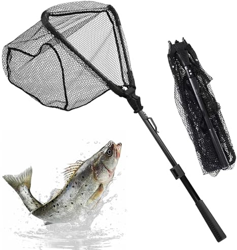 CATELL Épuisette de Pêche, Durable Epuisette Peche Caoutchouc 90cm Portable Épuisette Pliable Télescopique pour Kayak Carpe Salmon Crevette Truite Etang Bassin Poisson