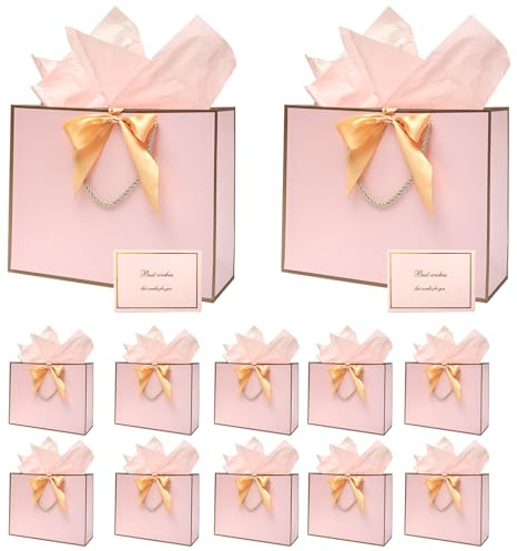 10pcs Gift Bags for Presents, White and Black Birthday Gift Bags with Ribbon/Wrapping Paper/Cards, Suitable for Men Women Bridesmaid Birthday Wedding Anniversary Holidays (Pink)