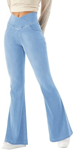 LaiEr Bootcut Jeans Femme V-Crossover Taille Haute Contrôle du Ventre Fit Pantalons de Legging Yoga,Tissu en Jean Souple à Haute élasticité,Pantalon de Fitness à Coupe stéréoscopique.Bleu Clair,M