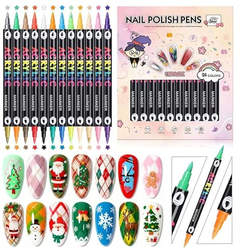 GELLAKTIK 24 Colors(12Pcs-dual) Nail Art Pens Set, 3D Nail Polish Pens Quick-Drying Acrylic Paint Markers, Dotting Liner Brush for DIY Nail Design, Home & Salon Manicure Tools, MarkerPen