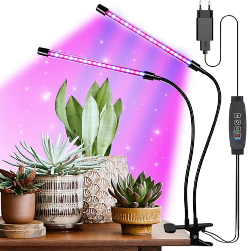Hywyimlait LED-Wachstumslicht, Vollspektrum-Clip-Pflanzenwachstumslampe mit rot-blauen LEDs für Zimmerpflanzen, 10-stufig dimmbar, automatische Ein-/Aus-Zeitsteuerung 3 9 12 Stunden, 2 Köpfe