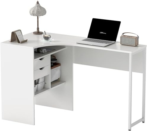 HOMCOM Bureau d'angle avec 2 tiroirs, 120 x 60 cm, Bureau en L avec 3 Compartiments Ouverts, Table Informatique pour étudier, Travailler, Chambre, Maison, Blanc