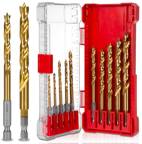 Holzbohrer Set 3-10mm 10-tlg. | Titanbeschichtet HSS-G Vollgeschliffen | Hex-Schaft Brad-Point-Spitze | Für Holz MDF Sperrholz (Ø: 2x3mm, 2x4mm, 5-10mm je 1 Stück)