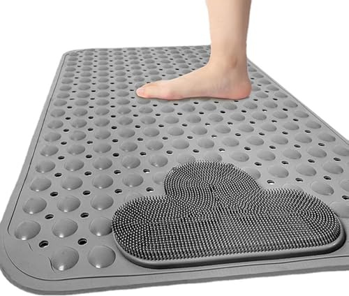 Bath and Shower Safety Mats with Foot Massage,Large Foot Scrubber Mat in Shower,Non Slip with Suction Cups for Bathroom Stall and Tub Floor,Foot Clean and Massage Feet Without Bending Over (Grey)