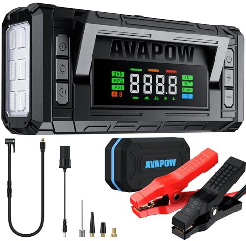 AVAPOW Démarreur Auto avec Compresseur, 5000A 150 PSI, Portable, écran HD 4, Booster 12V pour Moteurs Essence 8L et Diesel 8L, Pompe à pneus avec arrêt Automatique