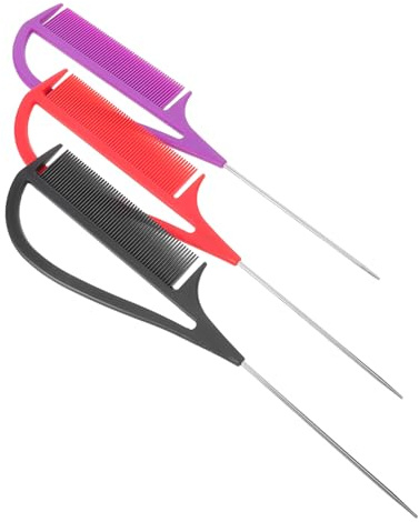 Gogogmee Lot de 3 Peignes à Queue de Rat en Métal pour Coiffure Professionnelle Peignes à Séparer les Mèches pour Salon Couleurs Violet Noir Rouge pour Coloration et Tressage