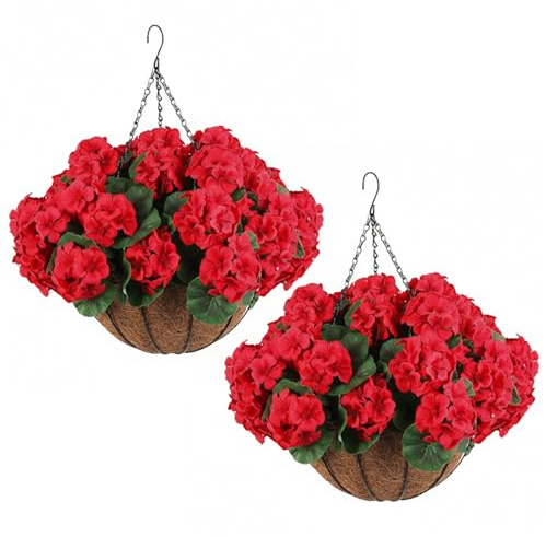 Ginwrek Flores artificiales para exteriores, paquete de 2 geranios artificiales para exteriores, cesta colgante de flores de geranios rojos con protección UV, seda realista