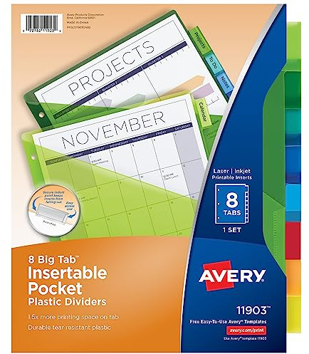 Avery Trennblätter für 3-Ringbinder, 8-Tab-Binder-Trennblätter, Kunststoff-Trennblätter mit Taschen, einführbare große Register, mehrfarbig, funktioniert mit Blattschutzhüllen, 24 Sets (11903)