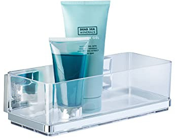 WENKO Vacuum-Loc Badezimmer Wandregal Quadro UNO, Mit herausnehmbarer Schale, Befestigen ohne Bohren, Rostfreier Edelstahl/Kunststoff, 25,5 x 8,5 x 14 cm