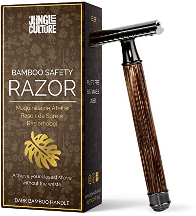 Jungle Culture® Rasoir de Sécurité en Bambou | Rasoir de Sûreté & Sac de Rangement | Rasoir Homme et Femme | Rasage Manuel Visage & Corps | Traditionnel Pour Barbe | Respectueux de l’environnement