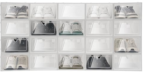 MINUS ONE Transparente Farbe Stapelbare Schuhkarton Schuhbox, 20 Set, Schublade Faltbare Plastik Aufbewahrungsbox mit Deckel, Schuhaufbewahrung Schuhorganizer for Damen und Herren (Weiss)