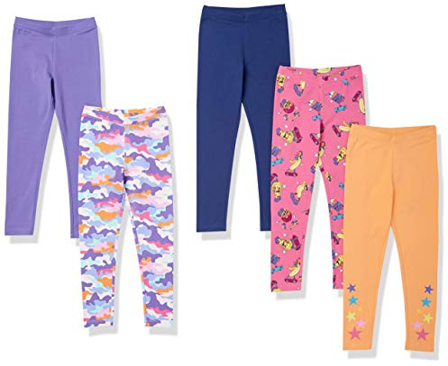 Amazon Essentials Leggings Bambine e Ragazze, Pacco da 5, Blu/Mimetica/Porpora/Skater/Stelle, 2 Anni