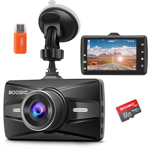 Dash Cam Auto con 32G SD, BOOGIIO 1080P FHD Dash Cam Schermo IPS da 3 Pollici Grandangolo 170° Dashcam con WDR, G-Sensor, Monitoraggio del Parcheggio, Registrazione in Loop, Rilevamento del Movimento