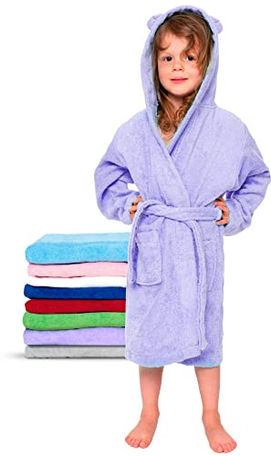 Twinzen - Peignoir Enfant Coton pour Fille et Garçon - 100% Coton OEKO-TEX® Sans Produits Chimiques- 2 Poches, Ceinture, Capuche avec Oreilles, 10-12 Ans, Lilas