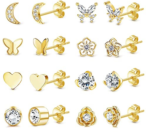 YADOCA 8 Paires Petite Boucles D'oreilles pour Femme Filles en Acier inoxydable Argent Hypoallergéniques Lune Coeur Papillon Zircone Cubique Doreilles