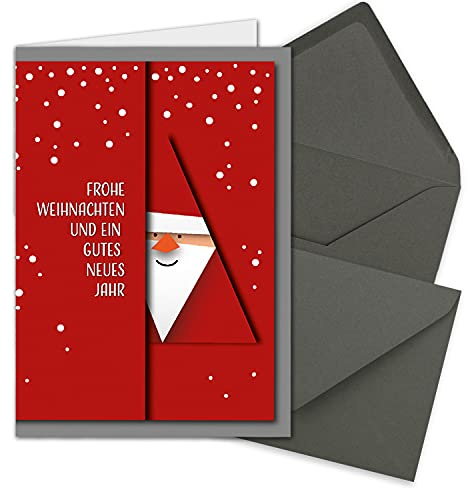 NEUSER PAPIER 5 XL Weihnachtskarten-Set DIN A5 mit rotem Weihnachtsmann Motiv - Faltkarten mit Umschlägen DIN C5 Anthrazit mit Nassklebung - Weihnachtsgrüße für Firmen und Privat